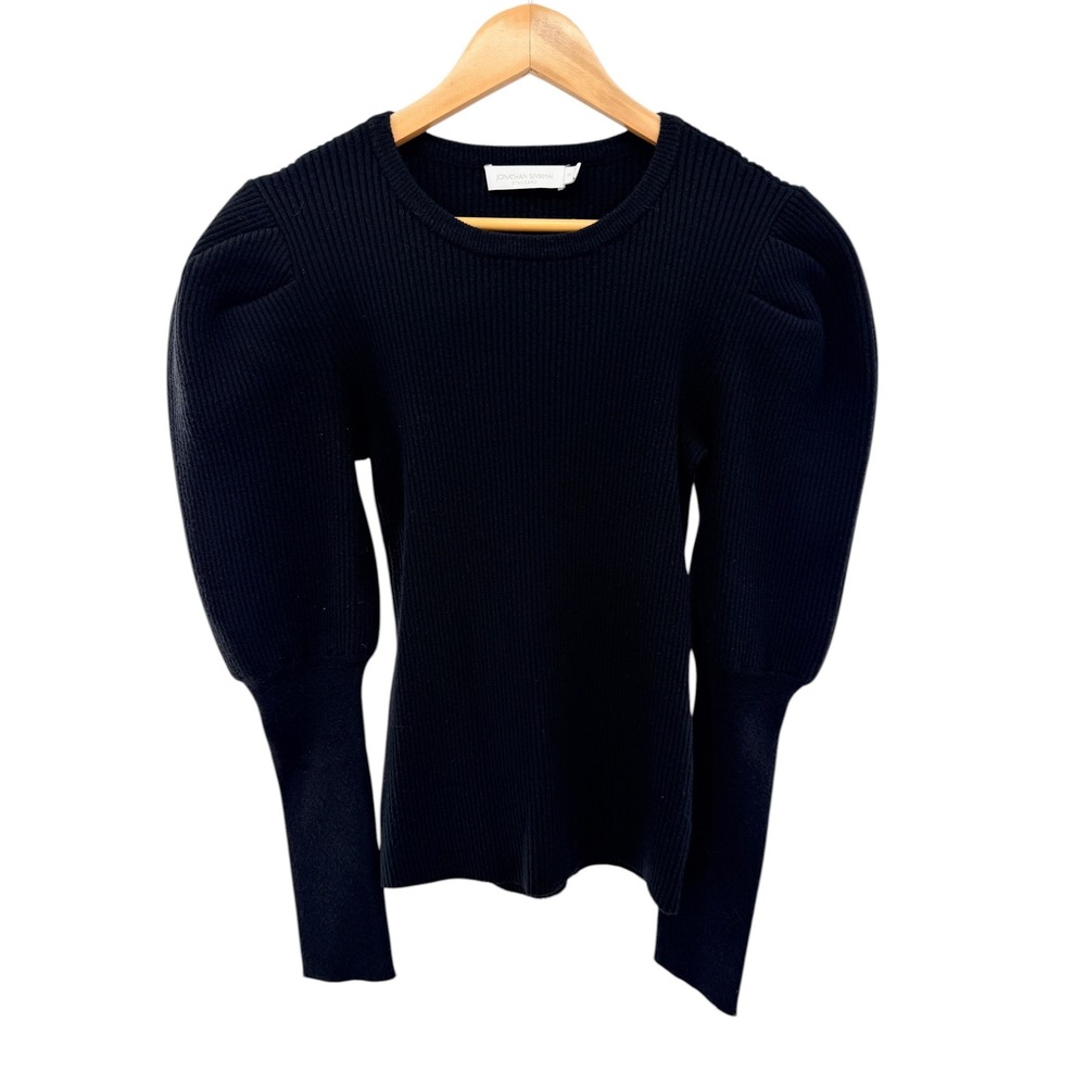 Jonathan Simkhai Standard Levy Rib Puff-Sleeve Sweater Black‎ Small Regencycore
